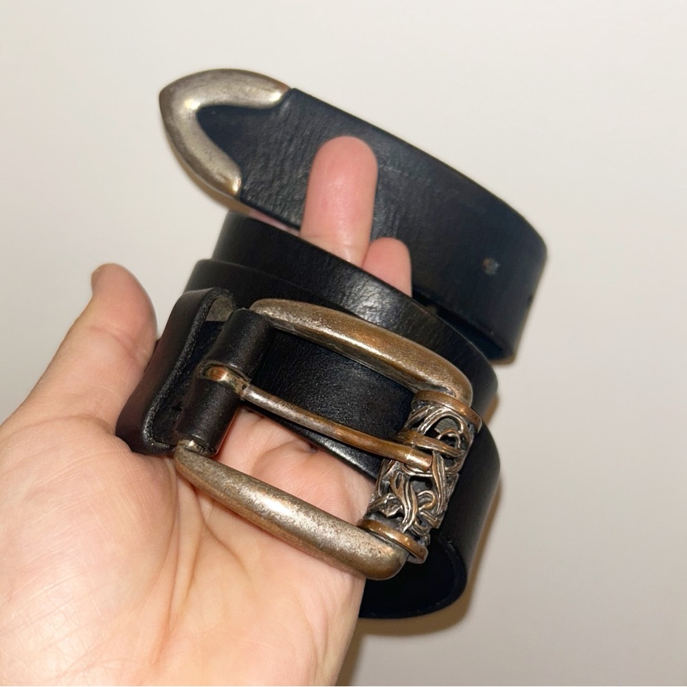 🇮🇹🇺🇸 VTG 90s Express Made in Italy & USA Leather & Silver Metal Black Belt SZ: S
